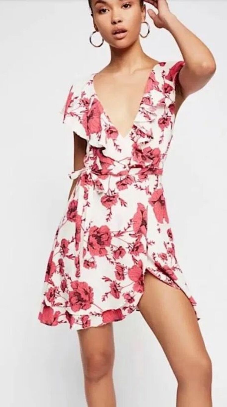 Free People French Quarter Wrap Mini Dress Pink and White Floral Feminine Ruffle